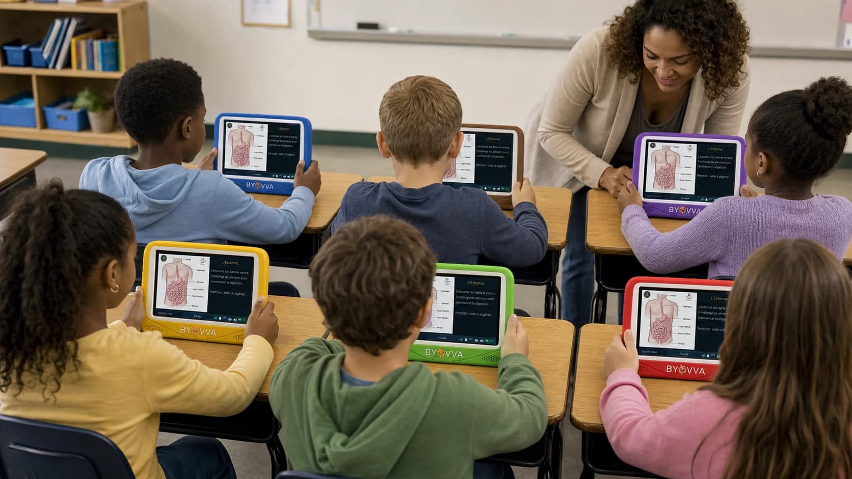 Une classe mixte utilise six BYOVVA colorés sur le module Corps humain.