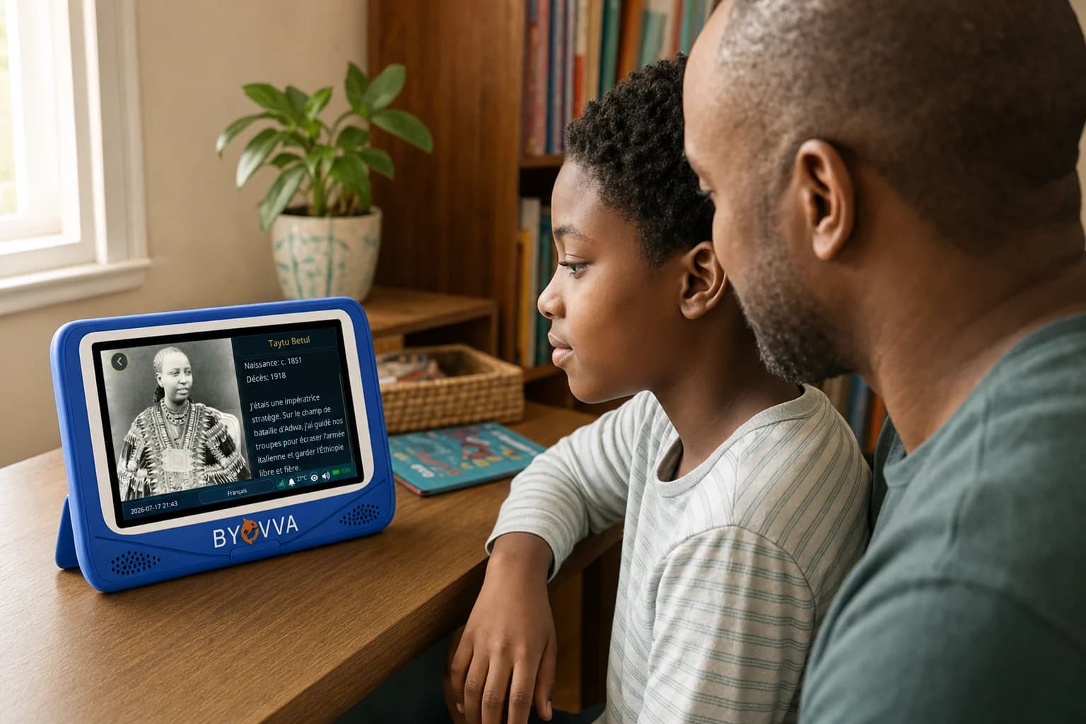 Un enfant et son parent lisent le module Personnalités sur une tablette BYOVVA.