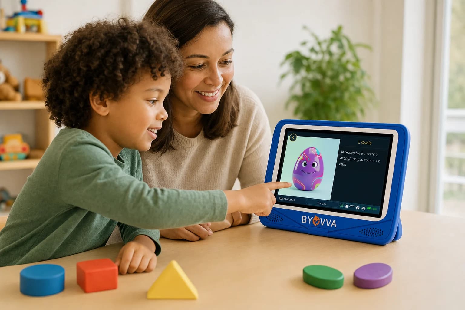Un enfant et son parent explorent le module Formes avec une tablette BYOVVA.