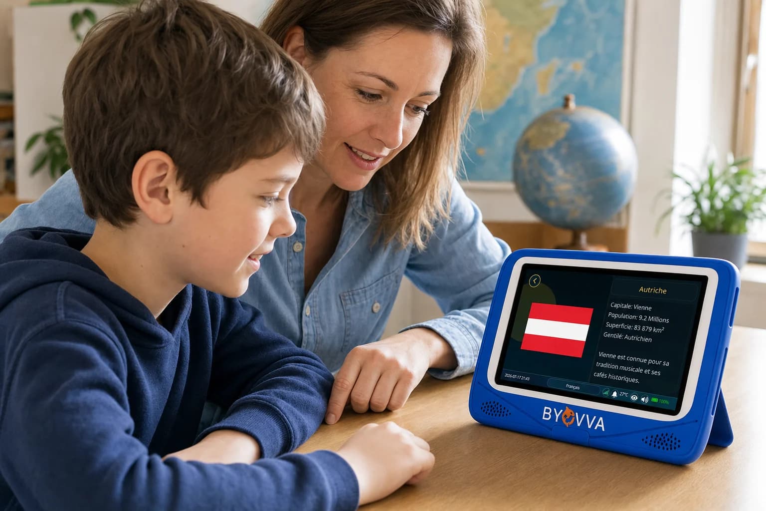 Un enfant et son parent consultent le module Pays sur une tablette BYOVVA.