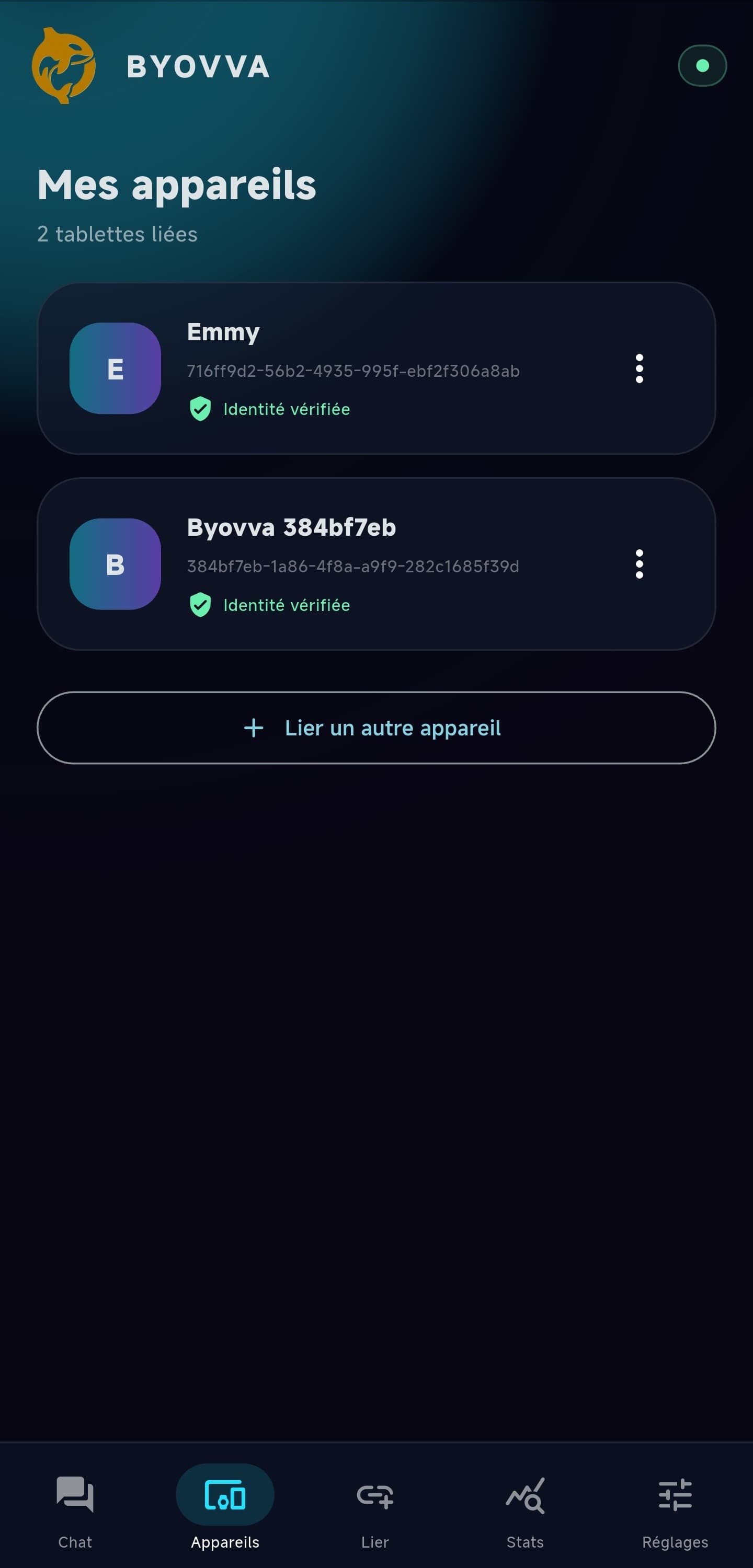 Liste des tablettes liées et identités vérifiées